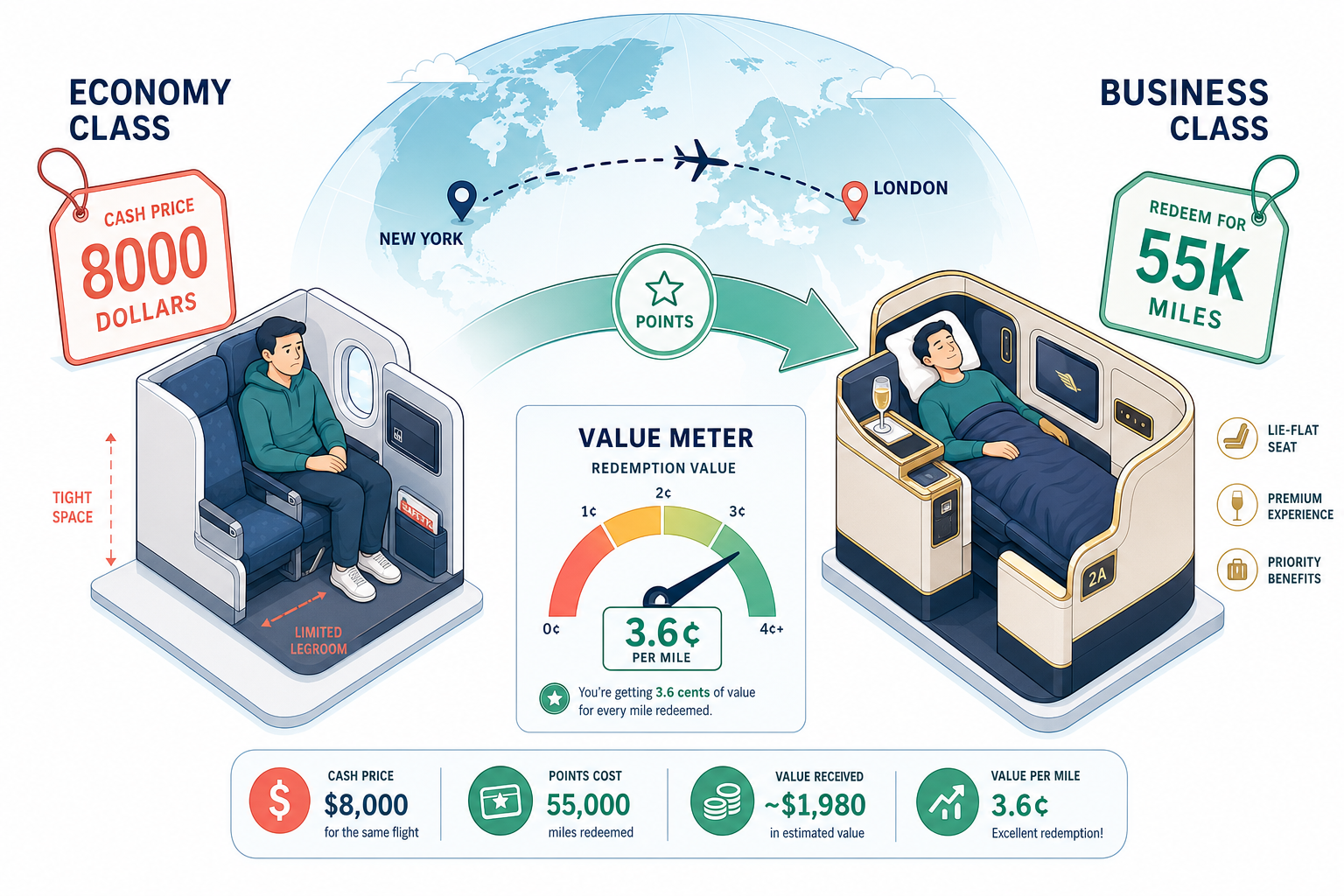 Economy vs business class comparison showing points redemption value