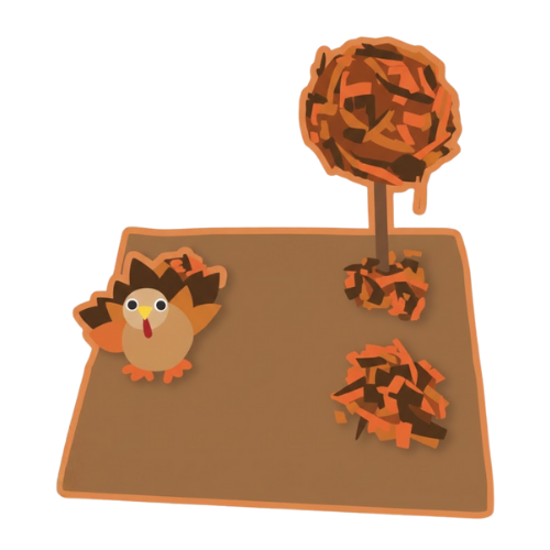 Paper craft of a turkey beside a tree with autumn leaves on a brown surface.