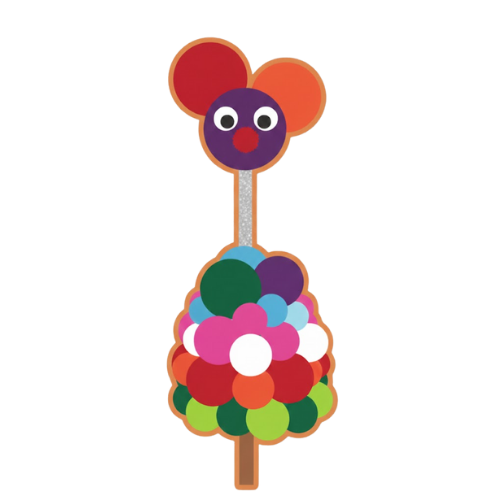 Colorful abstract animal figure made of overlapping circles with large ears and a long neck.