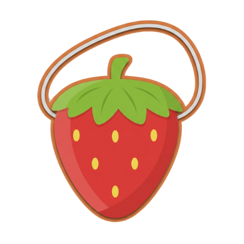 Red strawberry-shaped handbag with green leaves and a beige strap.