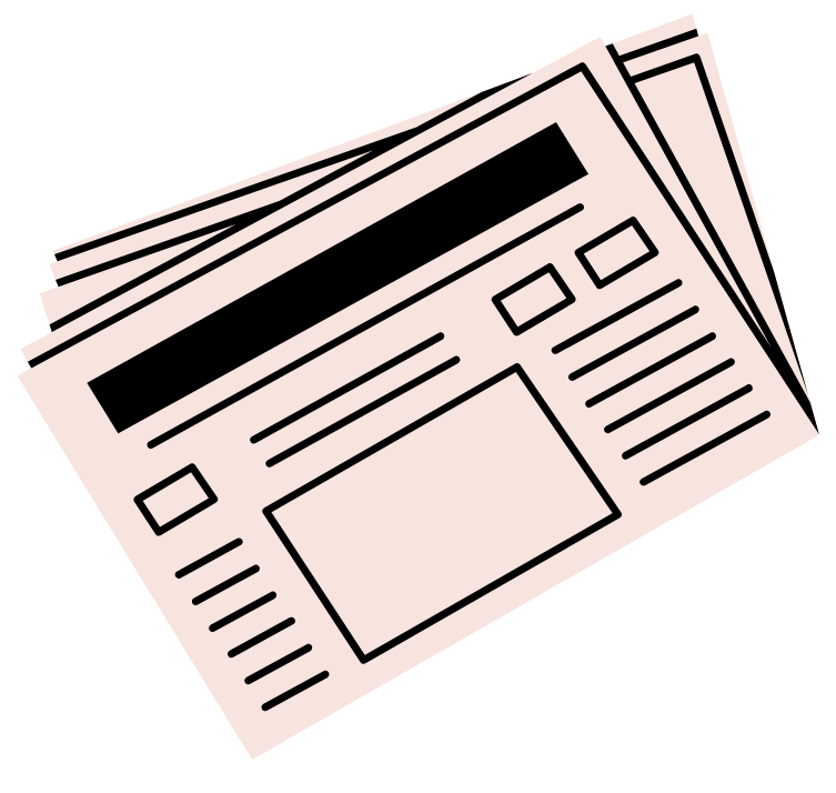 Illustration of a folded newspaper with headline, columns of text, and rectangular image placeholders.