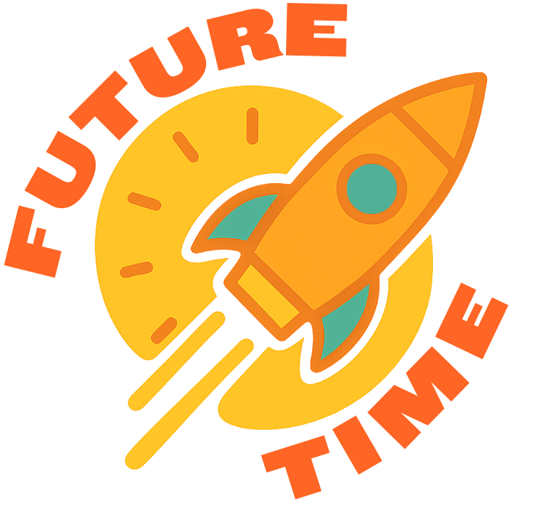 Orange rocket launching in front of a yellow clock face with the words 'FUTURE TIME' curved around it.