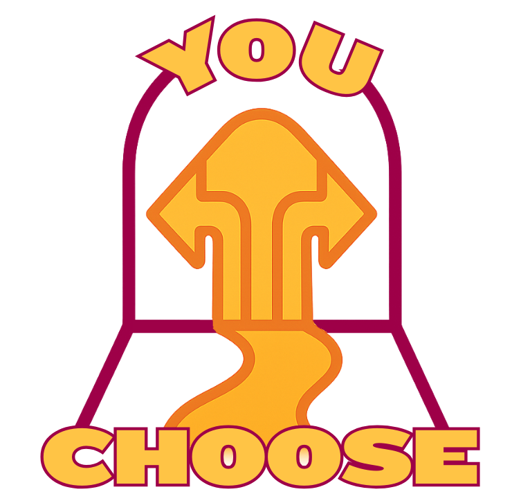 Logo featuring a three-way yellow arrow pointing up with the text 'YOU CHOOSE' in bold yellow letters outlined in purple, inside a purple outlined arch.