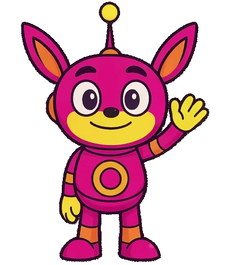 Magenta robot waving and then pointing