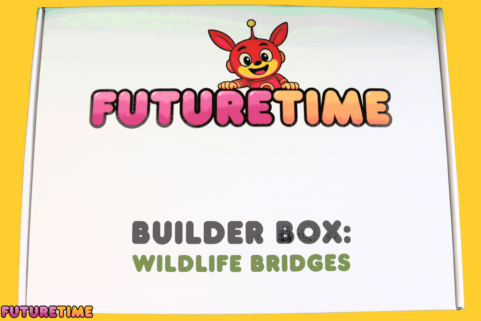White box with colorful text reading 'FUTURETIME' and 'BUILDER BOX: WILDLIFE BRIDGES' with a red cartoon character peeking over the text.