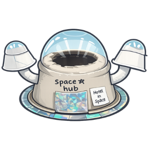 Illustration of a small space hotel hub with a transparent dome roof and two attached pods labeled 'Hotel in Space'.