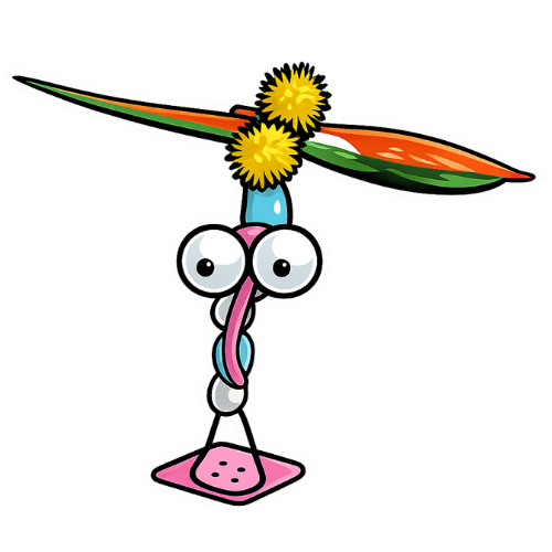 Cartoon-style dragonfly with large eyes, an orange and green wing, and yellow flower-like antennae.