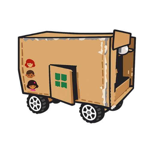 Illustration of a cardboard box camper on wheels with three cartoon faces on the side and an open door showing green window panes.