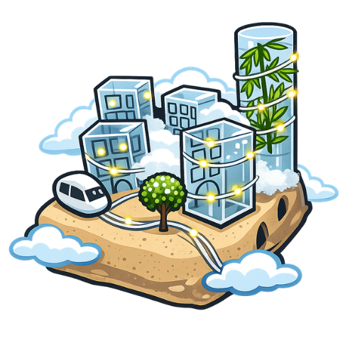 Illustration of a futuristic floating city with glass buildings, green plants inside a tall cylindrical tower, a tree, a white pod-like vehicle, and glowing yellow lights connected by pathways above clouds.