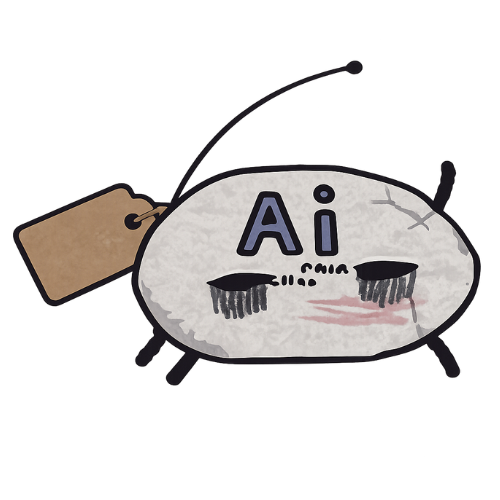 Cartoon-style illustration of an oval-shaped robot eyemask with 'Ai' on its body, two antennae, closed eyes with long eyelashes, a red smudge below the eyes, a crack on the top right, and a brown tag attached.