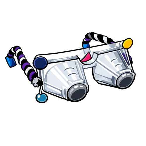 Cartoon-style glasses with a striped black, white, and purple strap and blue and yellow end caps.