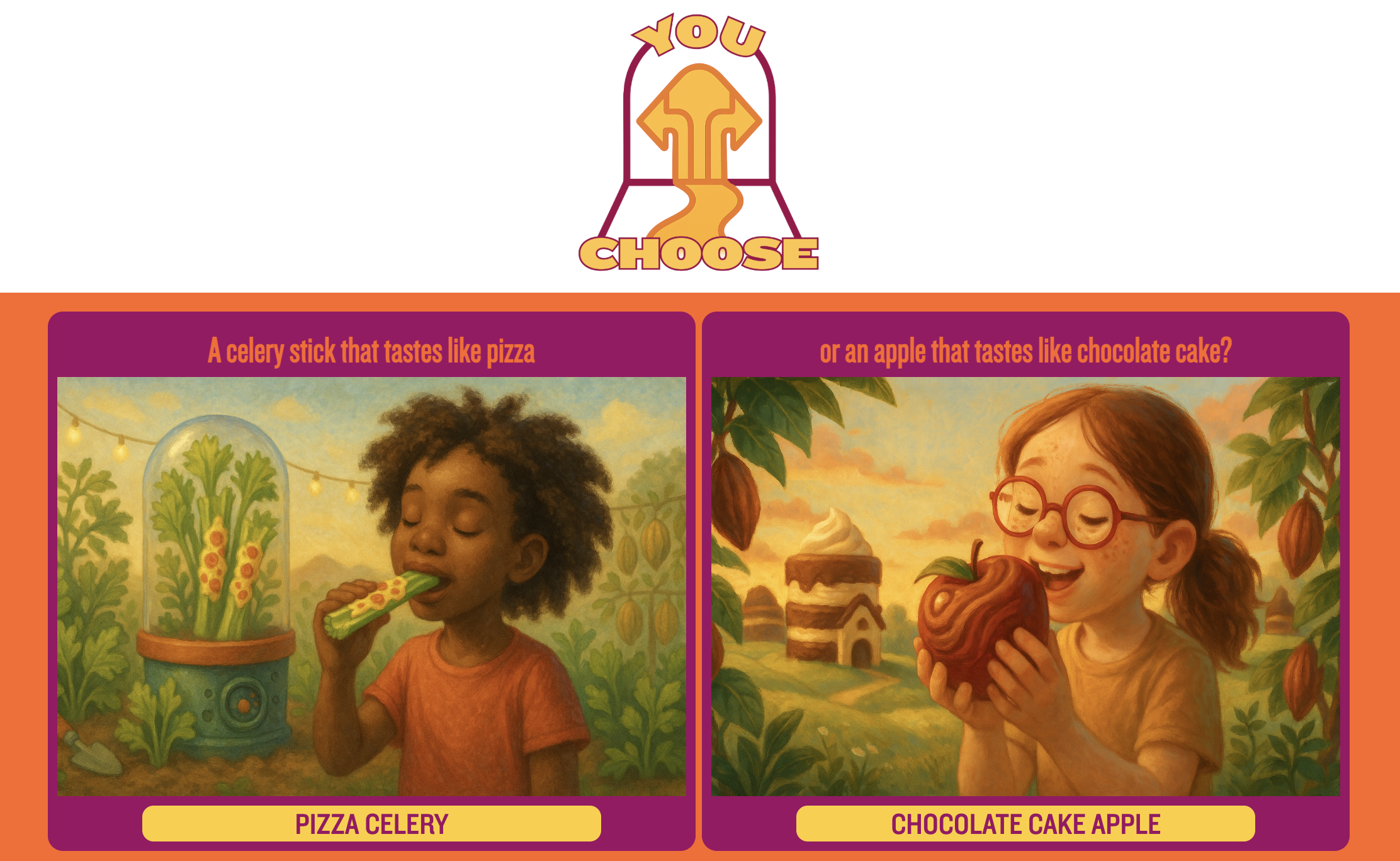 Choice between a boy eating celery that tastes like pizza and a girl holding an apple tasting like chocolate cake.