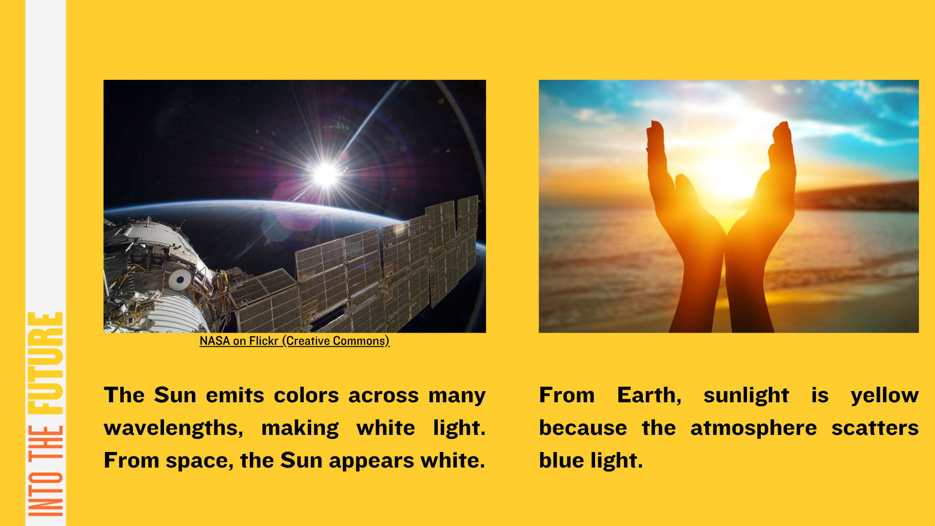 Left: Sun shining over Earth viewed from space station; right: hands framing sun over ocean sunset.