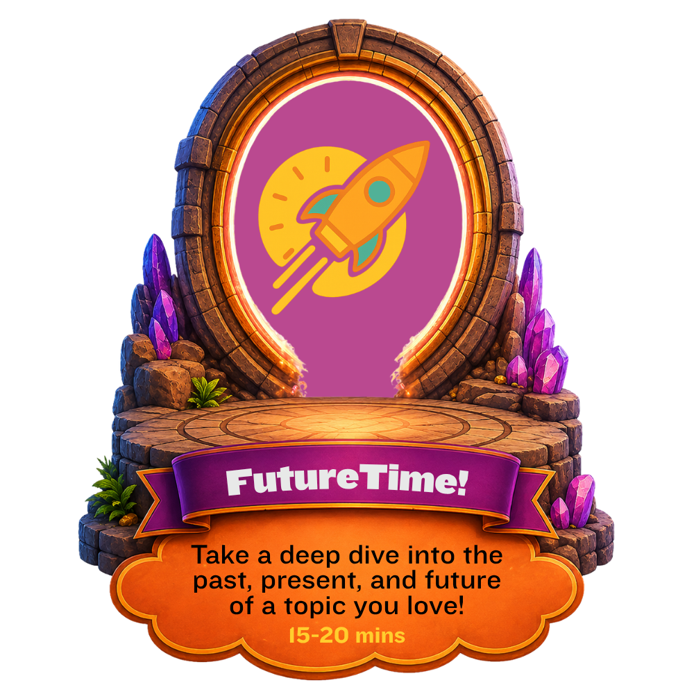Stone portal with purple crystals and rocket icon above text about exploring past, present, and future.