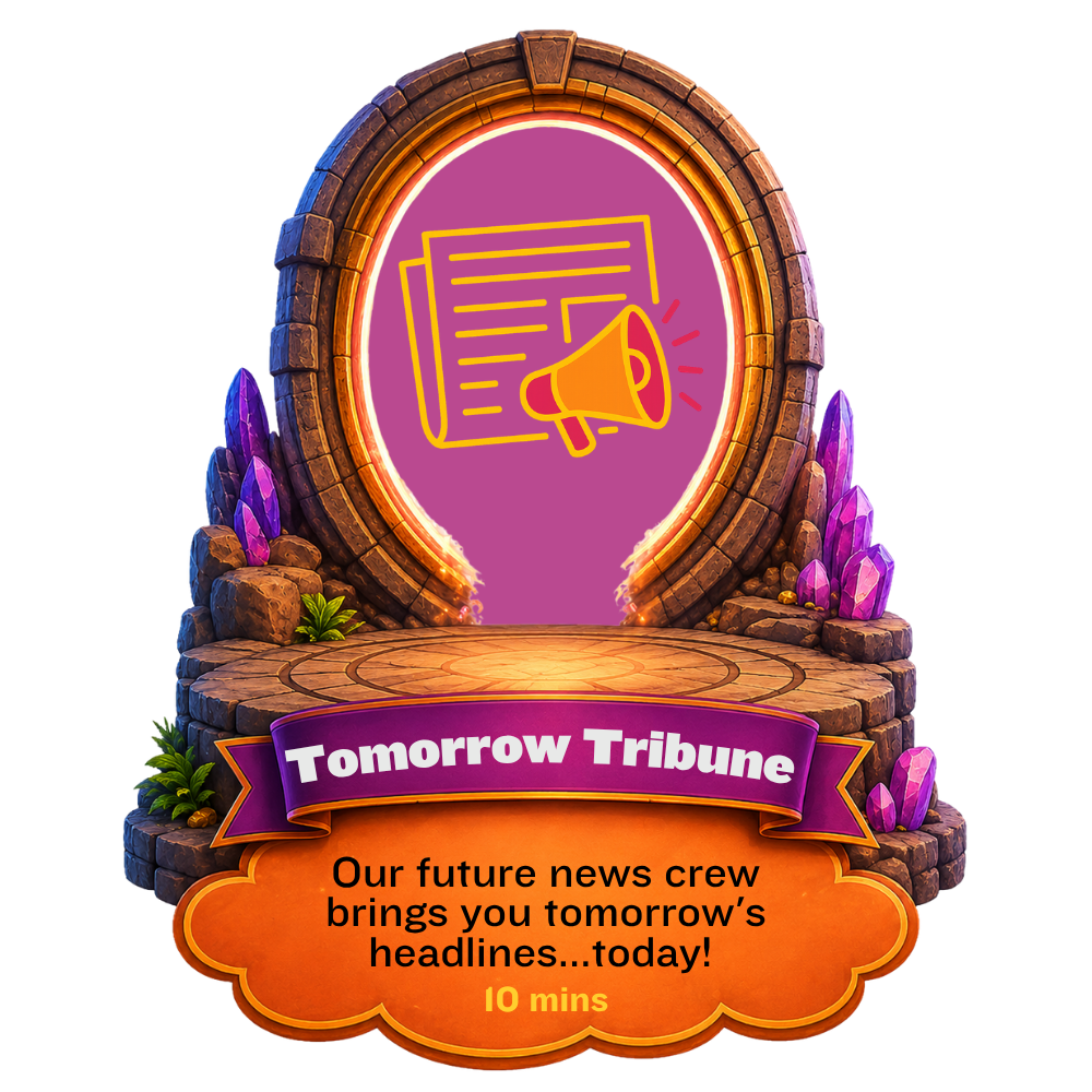Stone portal with purple crystals displaying a news icon and banner reading Tomorrow Tribune.