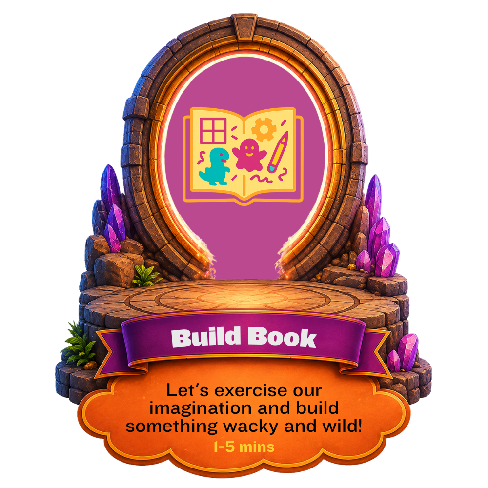 Stone portal with crystals and an icon of an open book with toy-like shapes inside, labeled Build Book.