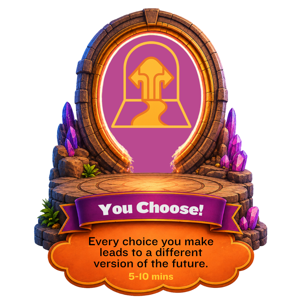 Stone portal with purple crystals and text: You Choose! Each choice leads to a different future version.