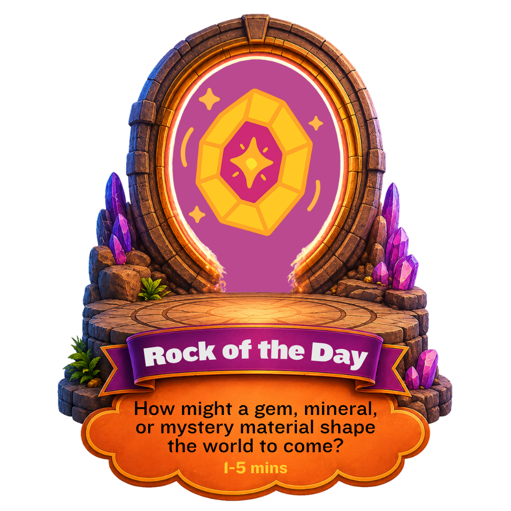 Stone portal with purple crystals and a glowing gem symbol, titled Rock of the Day quiz prompt.