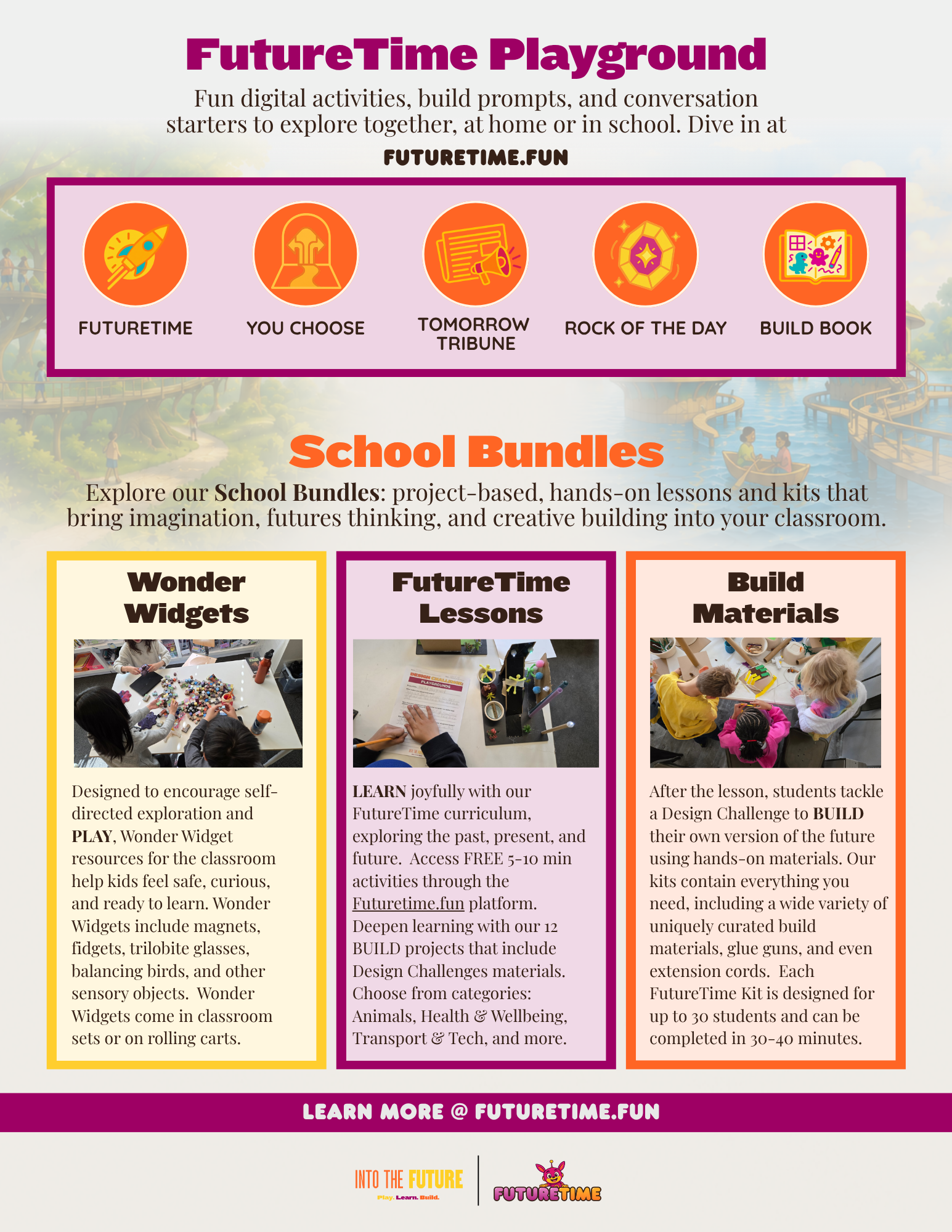 FutureTime Playground offers fun digital activities, prompts, and conversation starters for home or school at futuretime.fun, featuring sections FutureTime, You Choose, Tomorrow Tribune, Rock of the Day, and Build Book. The School Bundles include Wonder Widgets for self-directed play with classroom sensory objects, FutureTime Lessons with free 5-10 minute activities and 12 Build projects in categories like Animals and Tech, and Build Materials for hands-on design challenges with kits for up to 30 students completing projects in 30-40 minutes.