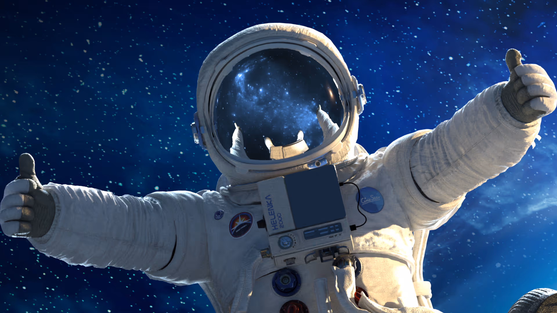 Astronaut in space giving two thumbs up with stars in the background reflected in the helmet visor.