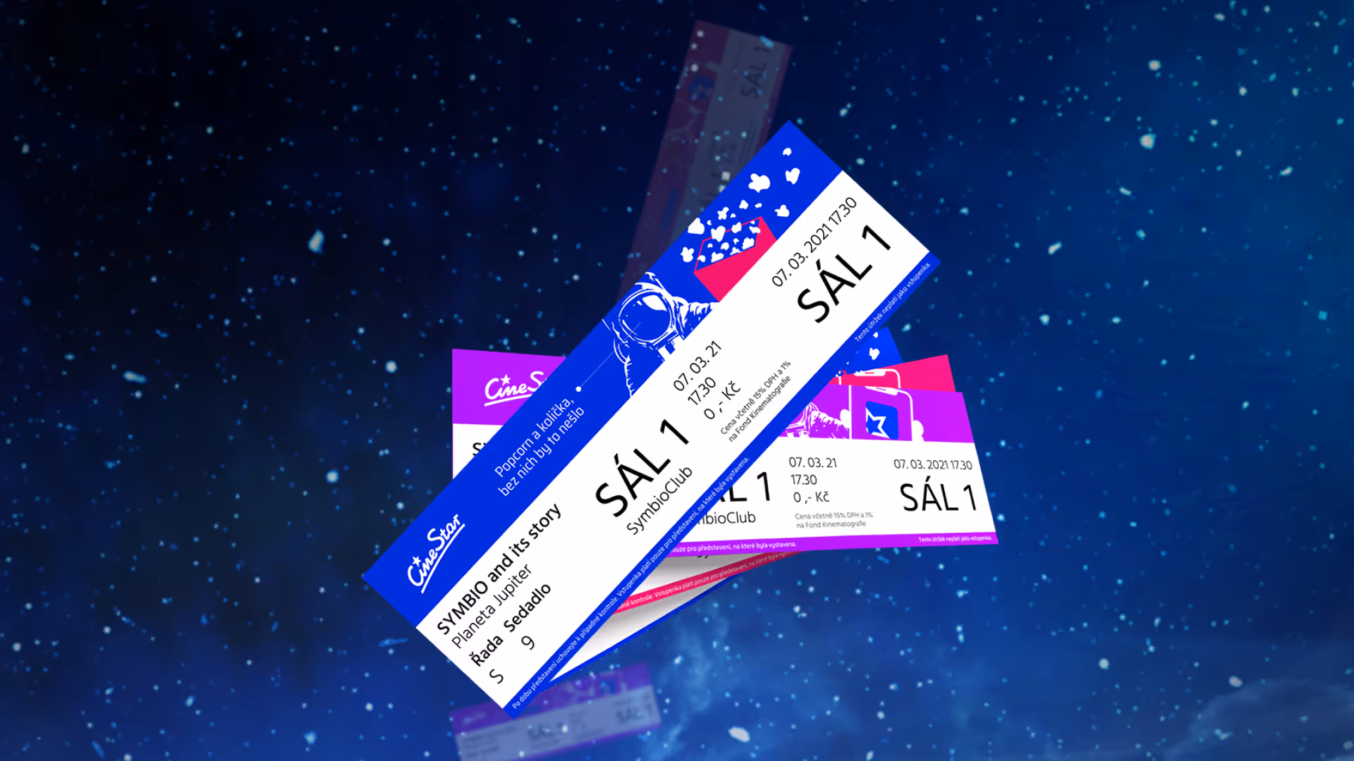 Several CineStar movie tickets floating against a starry space background.