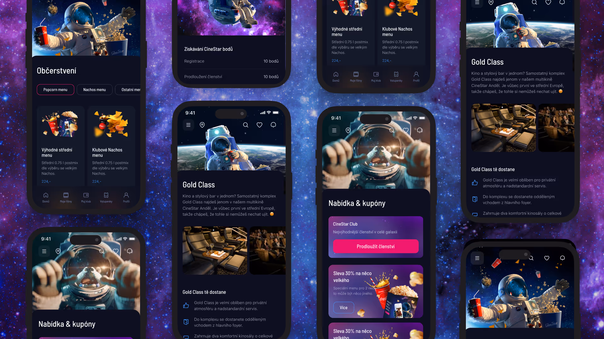 Mobile app screens showing a space-themed cinema interface with astronaut images, snack menus, Gold Class cinema details, offers, and coupons against a starry galaxy background.