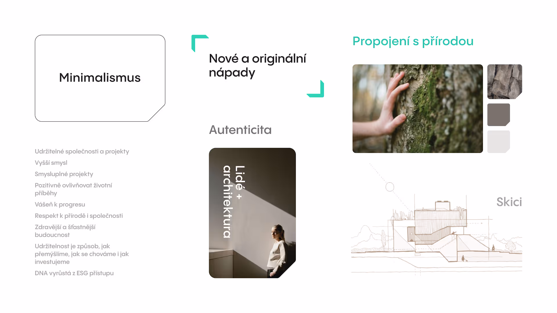 Concepts of minimalism including new original ideas, connection with nature shown by a hand on tree bark, authenticity with a person in sunlight, and architectural sketch.