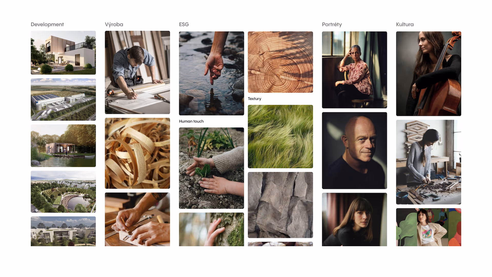 Collage of five categories showing development projects, woodworking production, hands interacting with nature for ESG, close-ups of textures like tree rings and grass, portraits of diverse people, and cultural activities including a cellist and an artist at work.