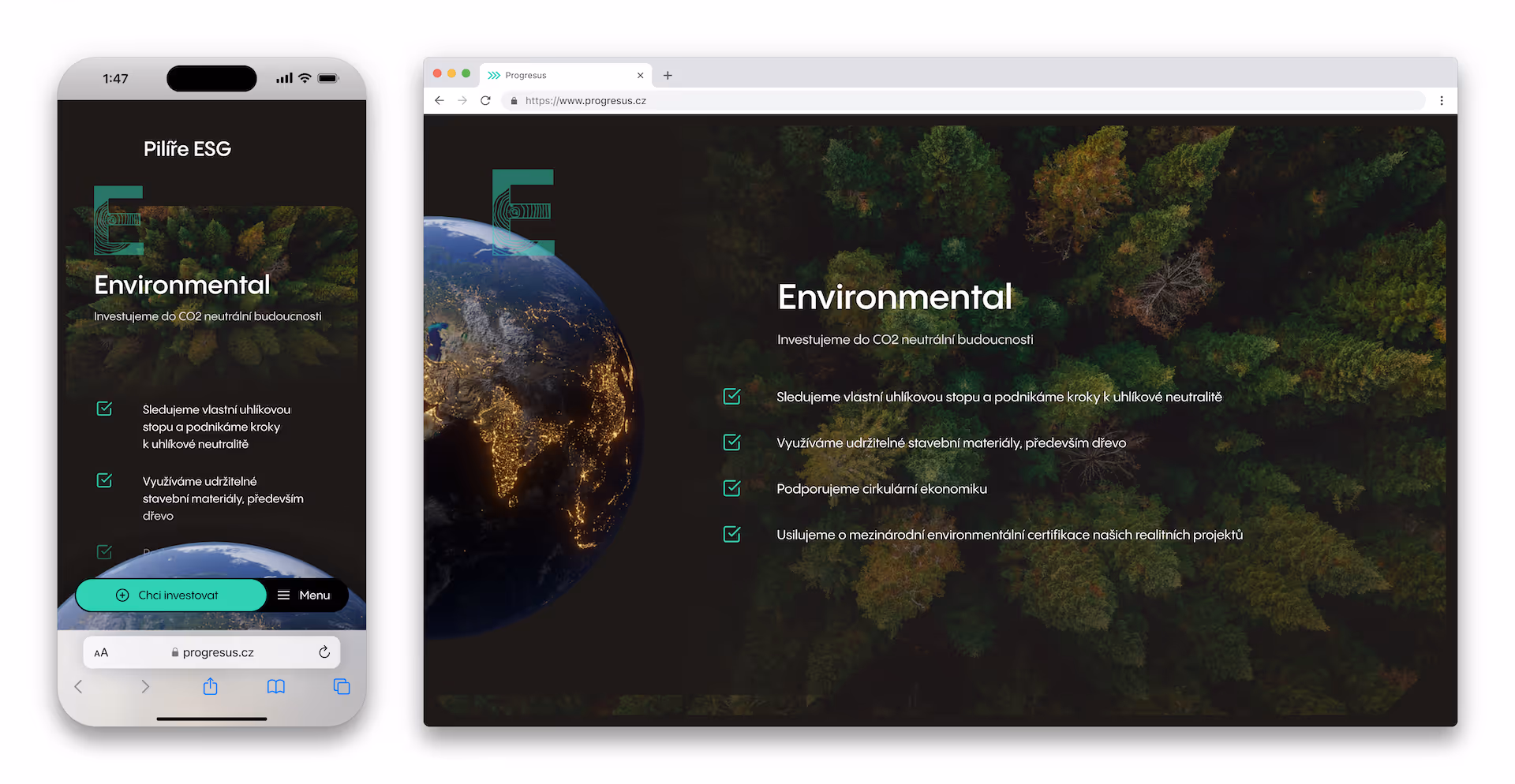 Screenshots of a website on a smartphone and a laptop showing the Environmental pillar of ESG with a forest background and a glowing Earth image, including text about CO2 neutrality and sustainable building materials.