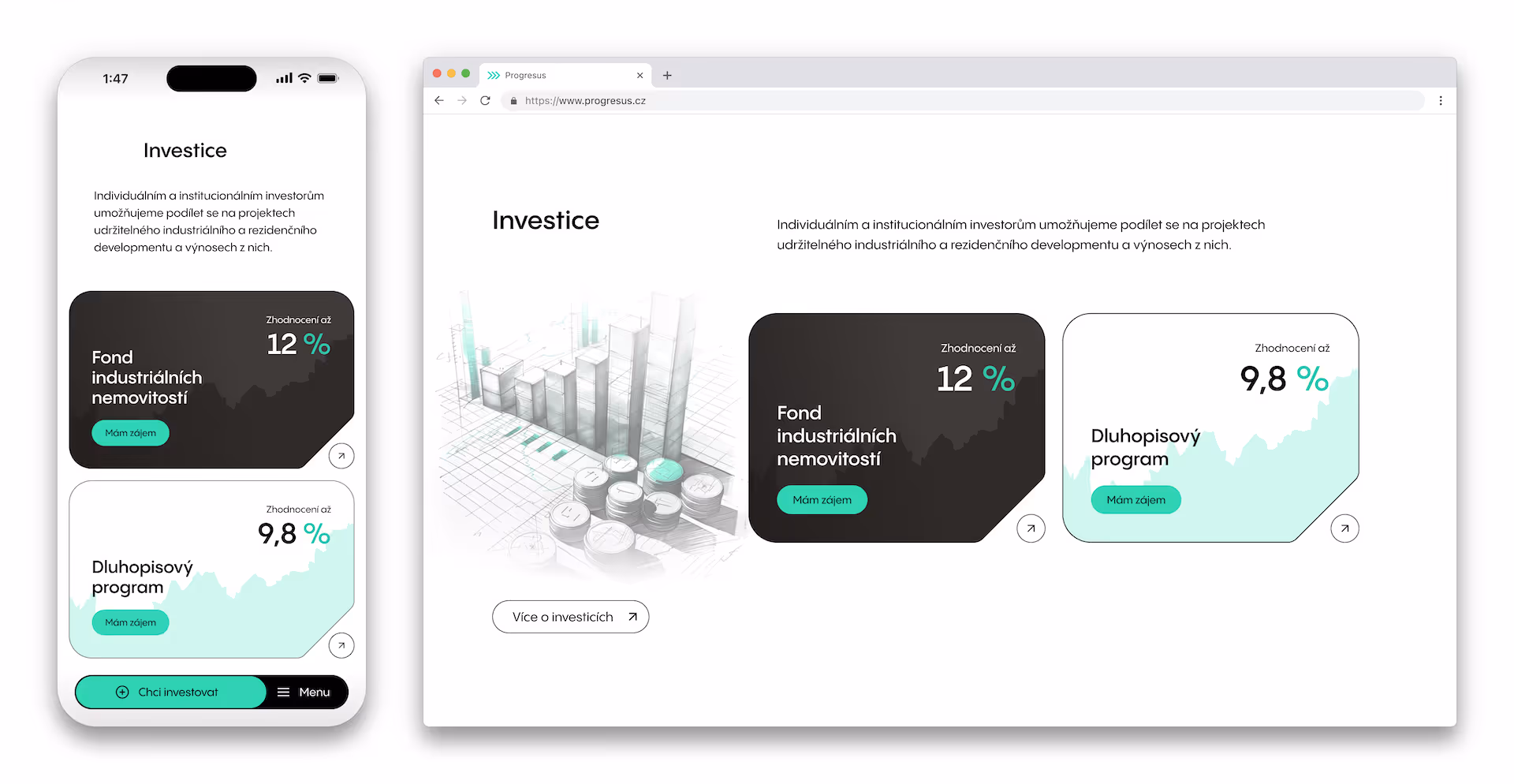 Website and mobile app screens showing investment options with up to 12% and 9.8% returns in industrial real estate and bond programs.