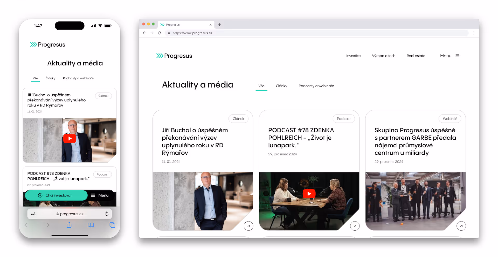 Mobile and desktop views of Progresus website showing Aktuality a média section with articles, podcasts, and webinars.