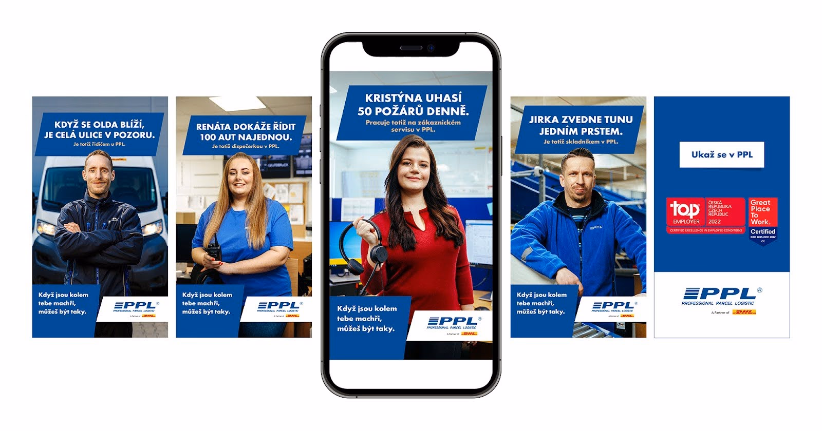 Four PPL employees in a recruitment campaign: a male driver crossing arms, a female dispatcher with a walkie-talkie, a female customer service worker holding headphones on a phone screen, and a male warehouse worker in blue uniform.
