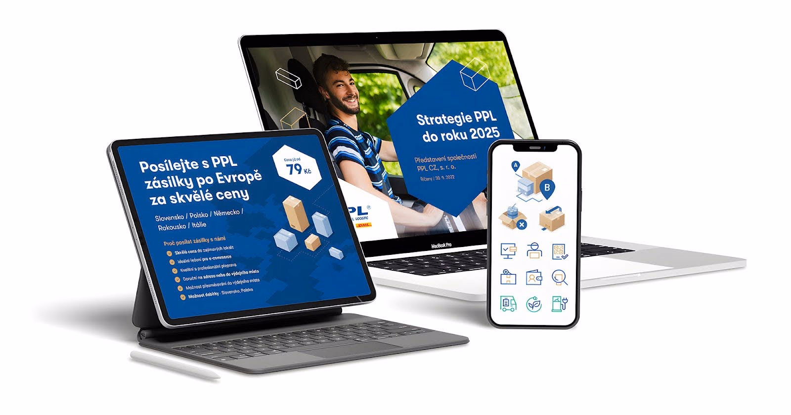 Tablet, laptop, and smartphone displaying promotional content and icons for PPL parcel delivery service in Europe.