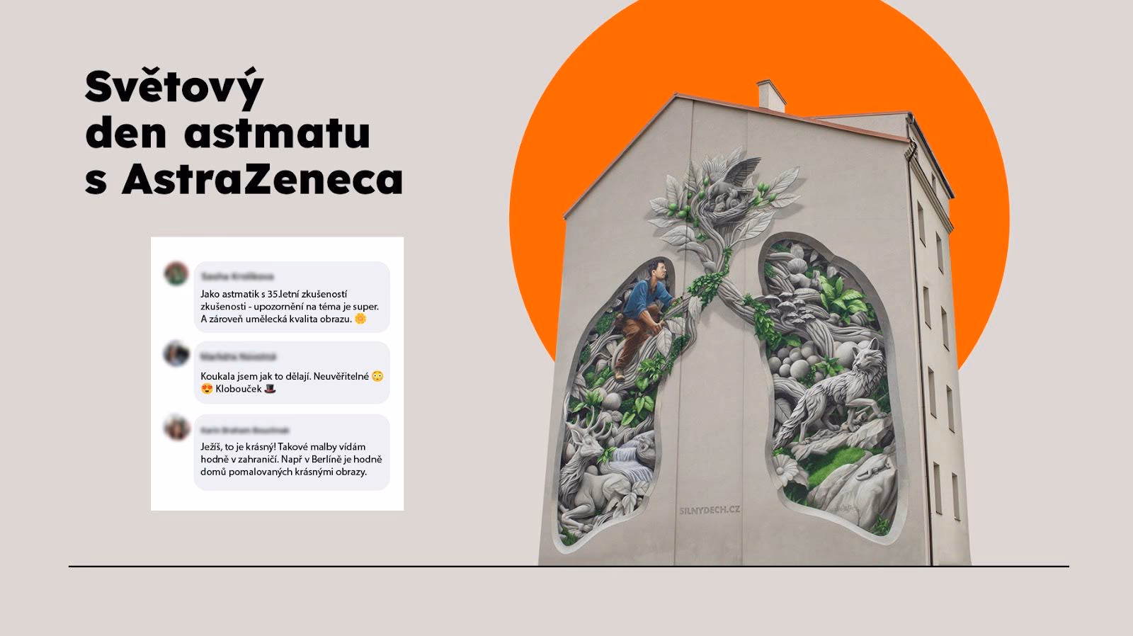 Building mural depicting lungs filled with detailed nature elements like plants, animals, and a person climbing inside, with text 'World Asthma Day with AstraZeneca' in Czech.
