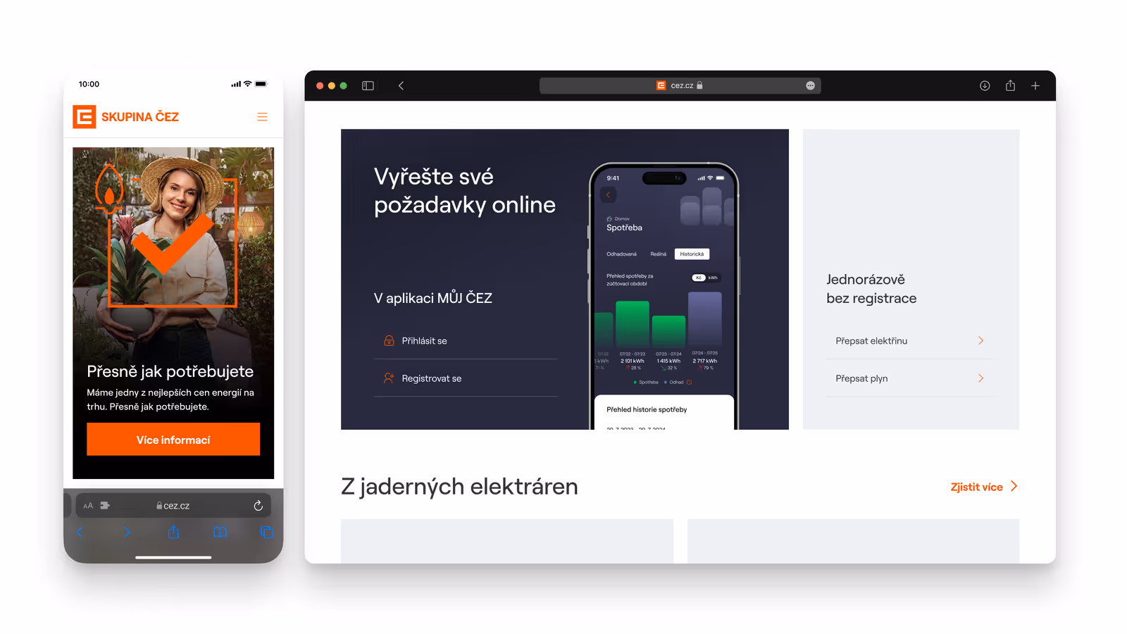 Split screen showing Skupina ČEZ mobile site with a smiling woman holding a plant and a desktop view with a phone displaying energy consumption graphs and options to log in or register.