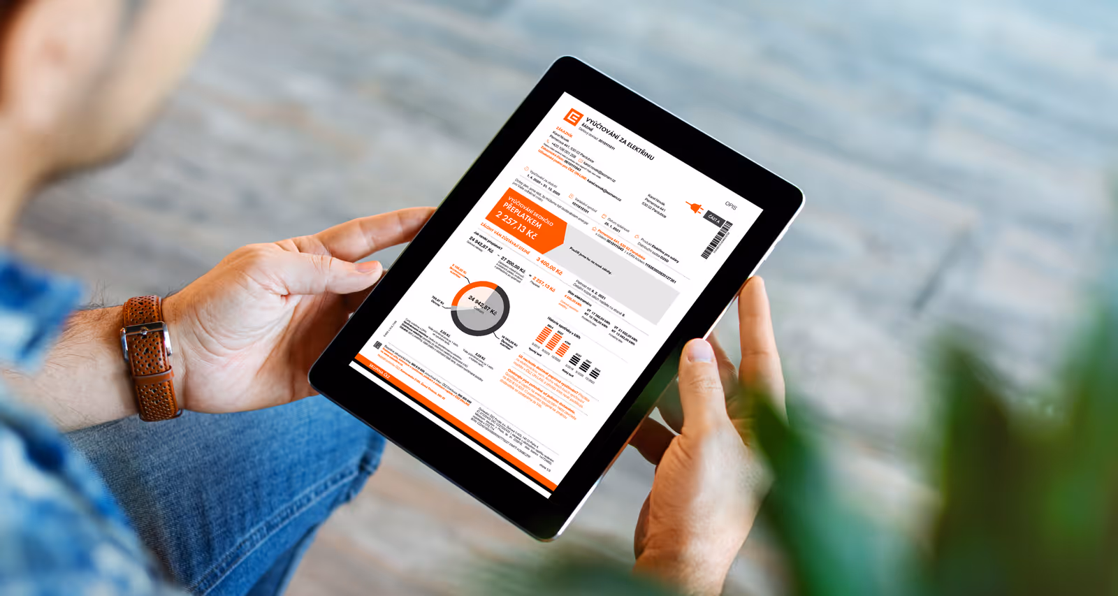 Person holding a tablet displaying an electricity bill with charts and payment details.