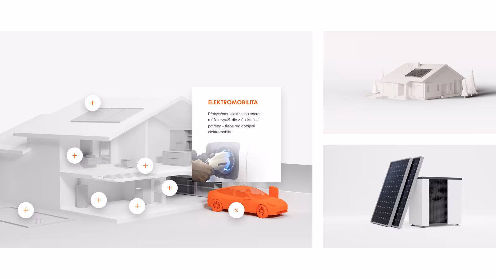 3D model of a house with multiple white plus icons highlighting sections, an orange electric car next to it, and pop-up text about electromobility showing a hand plugging in a charger.