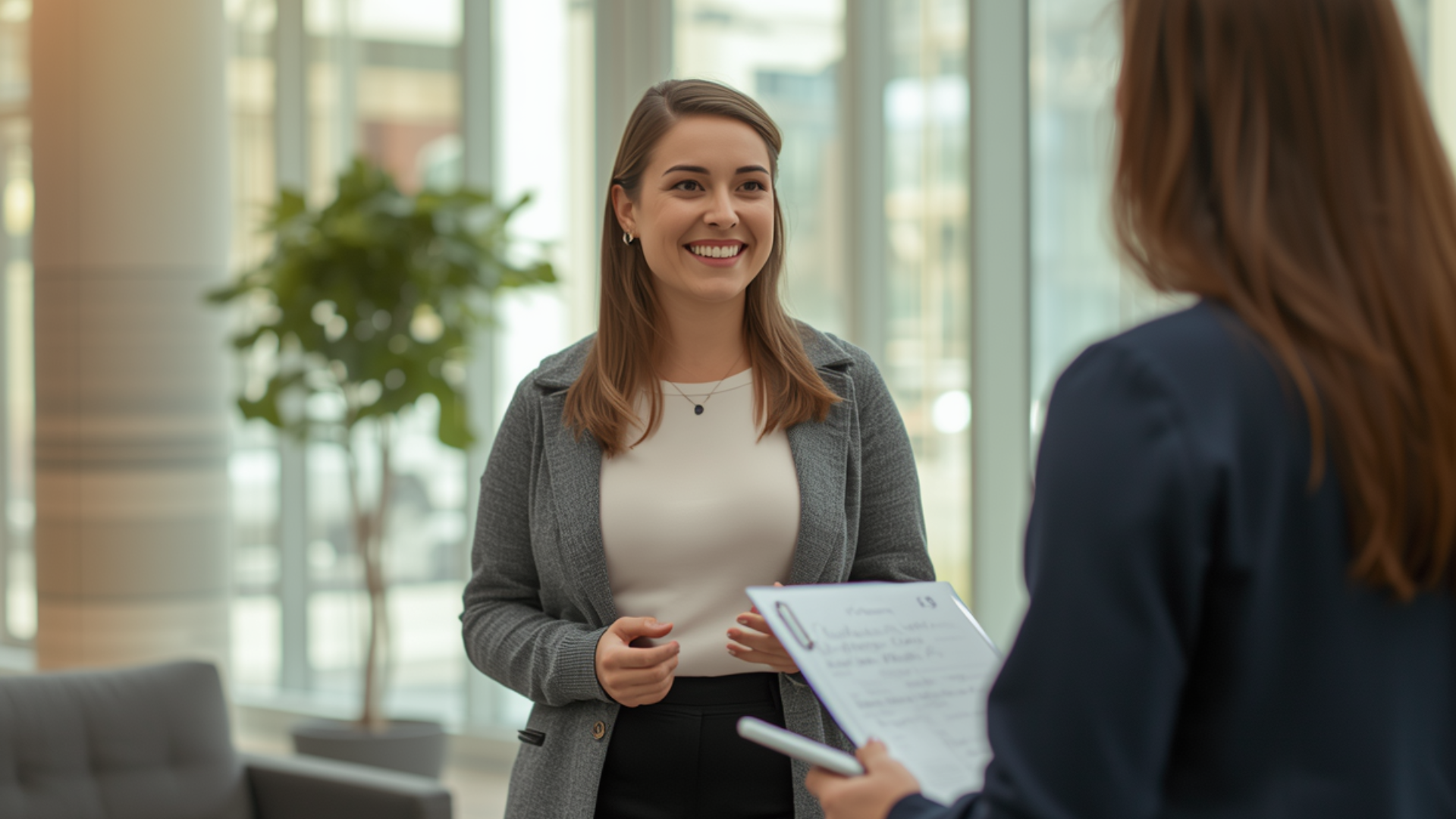 Photo of a property manager smiling and talking to resident inside lobby of modern apartment building