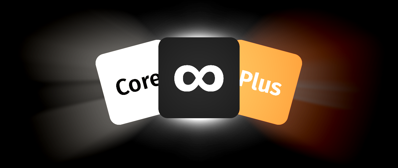 Three overlapping rounded squares with a glowing light effect, showing the words Core, an infinity symbol, and Plus.