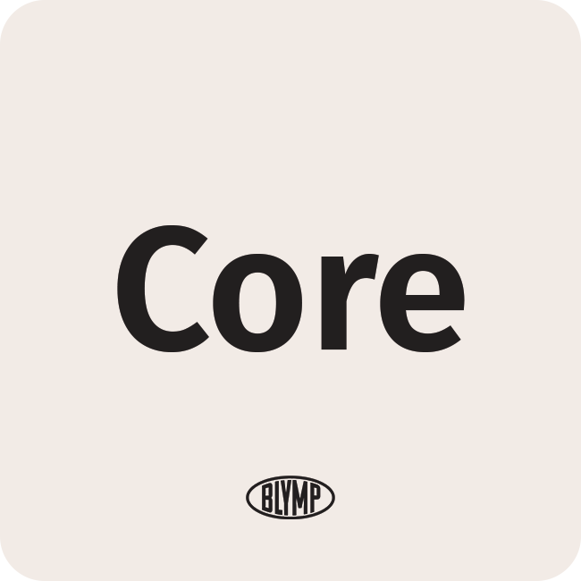 Black bold text 'Core' centered on a light beige background above a small oval logo with the word 'BLYMP'.