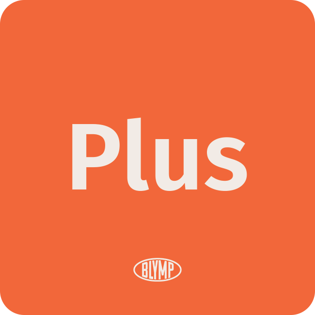 White text 'Plus' on an orange background with a small white oval logo that reads 'BLYMP' underneath.