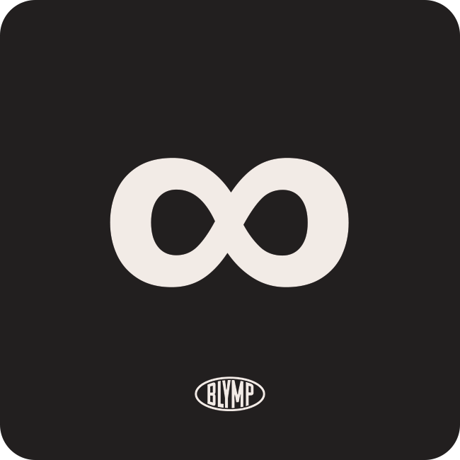 White infinity symbol centered on a black background with a small oval logo labeled 'BLYMP' below.