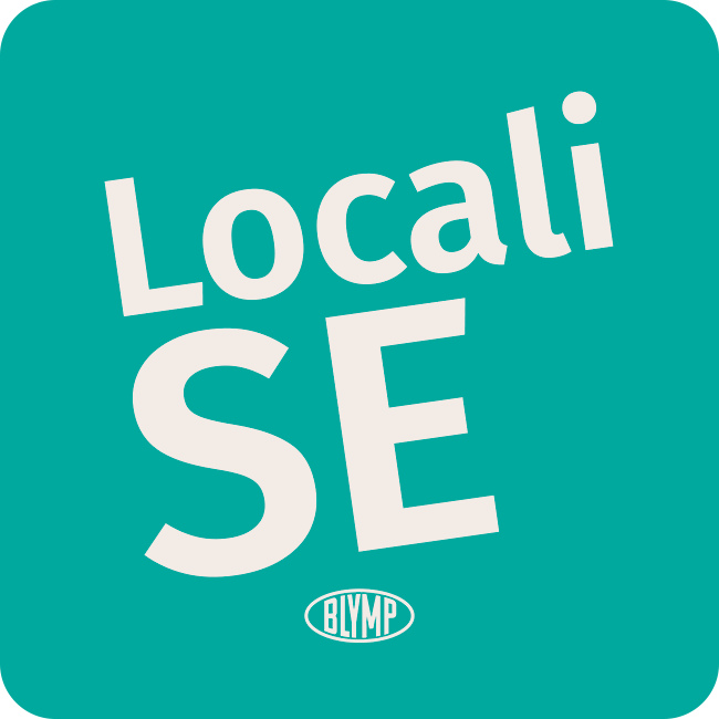 Logo with the text 'LocaliSE' in large white letters on a teal background, with the word 'BLYMP' in a small white oval below.