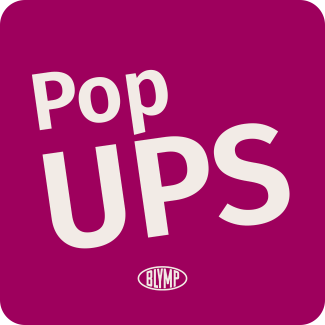 Text reading 'Pop UPS' in large, white, tilted letters on a magenta background with a small oval logo labeled BLYMP below.