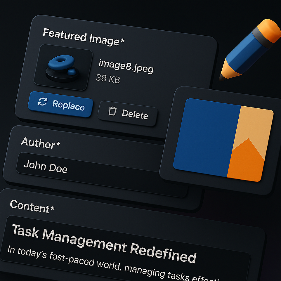 User interface showing a featured image upload section with a blue abstract image file named image8.jpeg, author field filled with John Doe, and content section titled Task Management Redefined.