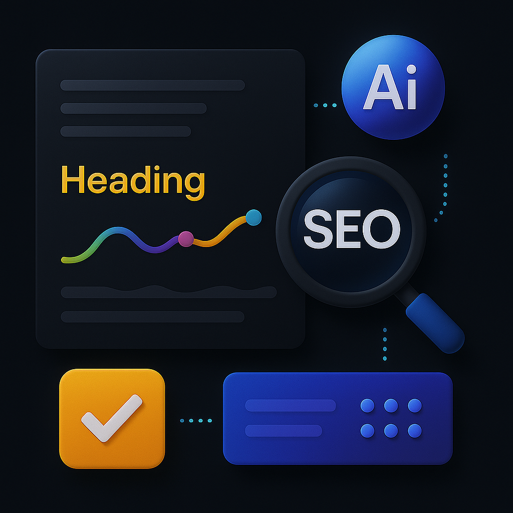Dark-themed graphic illustrating SEO with a magnifying glass over the text SEO, a colorful line graph under the word Heading, and icons for AI and a yellow checkmark.