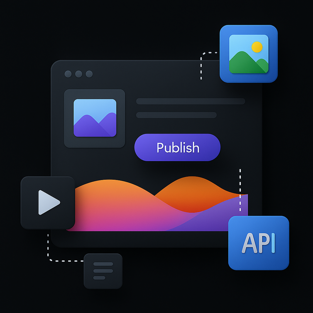 Dark-themed digital interface with a 'Publish' button, image thumbnails, play icon, and API symbol connected by dotted lines.