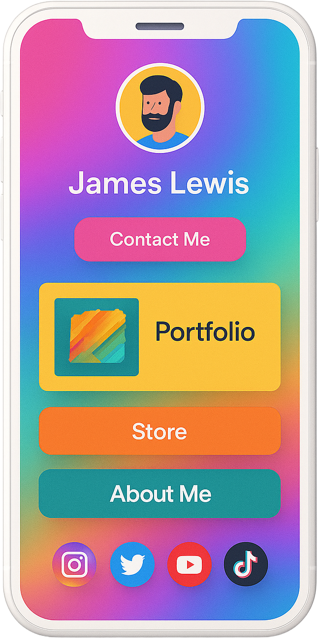 Smartphone screen showing a colorful personal profile with avatar, name James Lewis, and buttons for Contact Me, Portfolio, Store, About Me, plus social media icons for Instagram, Twitter, YouTube, and TikTok.