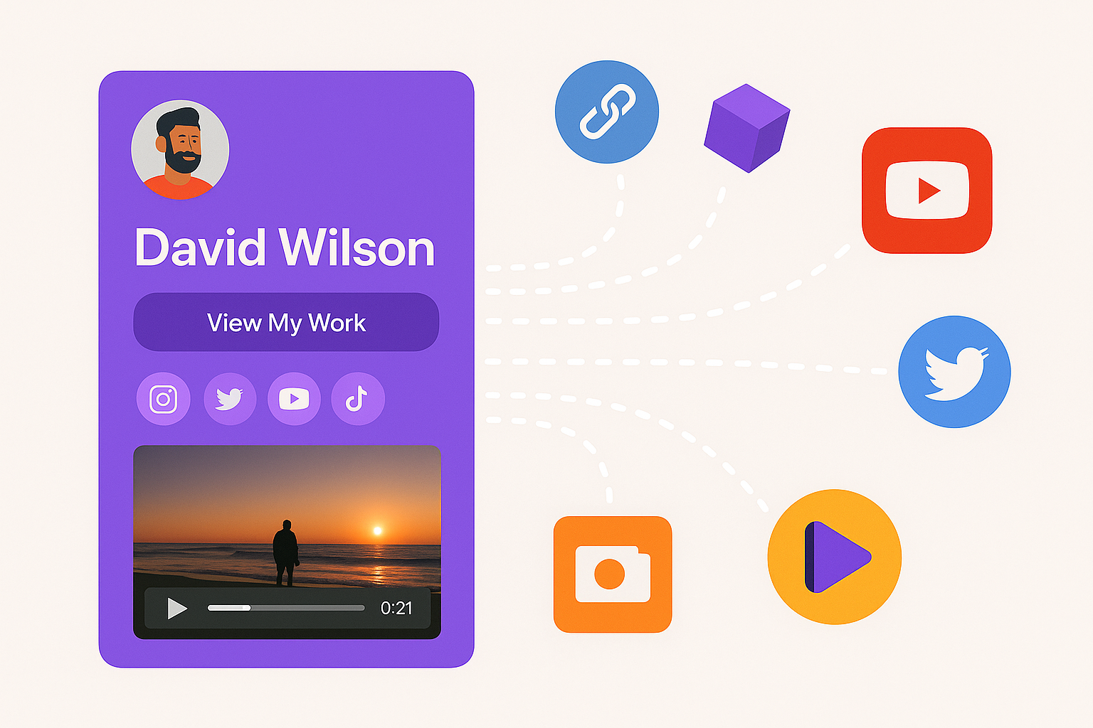 Profile card for David Wilson with a video thumbnail of a person at sunset, social media icons, and navigation buttons in purple.