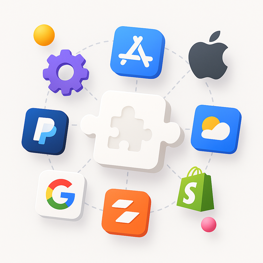 3D icons of major tech and service companies including Apple, Google, PayPal, Shopify, and others arranged in a circle around a white puzzle piece.